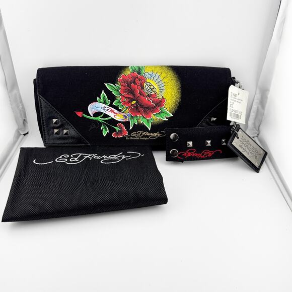 Ed Hardy Studded‎ Bag Clutch with Cuff and Chain Women's Black Y2K Era - Picture 1 of 16